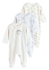 Drei Kinder-Einteiler-Pyjamas in verschiedenen Farben: Creme mit Dinosaurierdruck, Hellgrau mit Dinosaurierumrissen und Weiß mit bunten Akzenten.