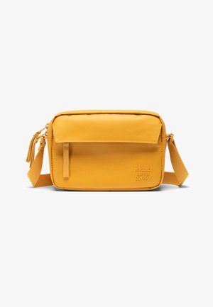 Yellow Herschel Supply Company crossbody bag with a smooth, durable exterior, adjustable strap, front pocket, and embossed brand logo.