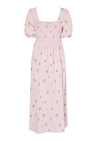 Roza obleka s cvetličnim vzorcem, kvadratnim izrezom, kratkimi napihnjenimi rokavi in elastičnim pasom. Narejena iz lahkega, strukturiranega materiala.