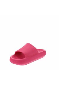 Chausson en caoutchouc rose à enfiler, caractérisé par une large sangle, une surface texturée et une semelle rainurée pour une traction et un confort accrus.