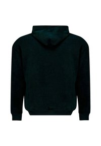 Sweat à capuche noir avec texture côtelée, manches longues et coupe décontractée. Le tissu semble doux et épais, idéal pour un usage décontracté.