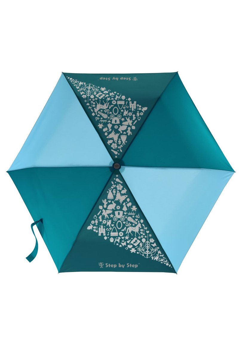 Teal and light blue umbrella with hexagonal shape, featuring a pattern of icons in white. Text reads "Step by Step" near the handle.