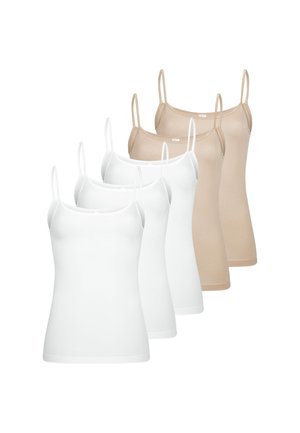 Three white and two beige women's sleeveless camisoles with thin straps, displayed in two staggered rows on a white background.