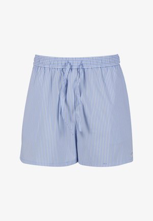 Hele sinised triibulised lühikesed püksid, millel on elastne vöökoht, nööriga detail ja lõdvestunud lõige, valmistatud pehmest kangast sileda tekstuuriga.