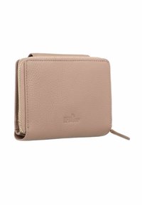 Portefeuille RFID bloquant en cuir texturé rose clair avec fermeture éclair et logo visible. Forme rectangulaire compacte avec une finition lisse.