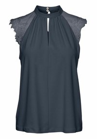 Blusa senza maniche di un blu scuro con dettagli in pizzo trasparente sulle spalle, scollatura a chiave e chiusura con bottoni sul retro. Tessuto morbido e vestibilità comoda.