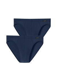 Tmavě modré žebrované bikiny s hladkým povrchem a logem. Jsou vystaveny dva páry, které zdůrazňují jejich zakřivené nohavice.