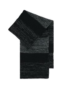 Gebreide sjaal met een gestructureerd patroon van afwisselende secties in zwart en grijs, afgewerkt met een ribbelrand.