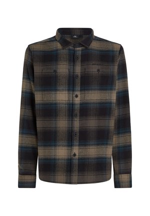 Overhemd met knopen, voorzien van een geruit patroon in bruin, zwart en blauw. Gemaakt van textuurstof met een klassieke kraag en knoopsluiting aan de voorkant.