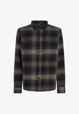 Overhemd met knopen, voorzien van een geruit patroon in bruin, zwart en blauw. Gemaakt van textuurstof met een klassieke kraag en knoopsluiting aan de voorkant.