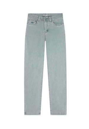 Jeans de denim gris claro con corte recto, diseño tradicional de cinco bolsillos y detalles de costura sutiles. Cierre de botón y cremallera.