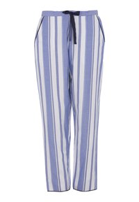 Blauwe en witte gestreepte broek met een trekkoord in de taille, zijzakken en een relaxed fit. De stof heeft een gladde textuur en een zachte val.