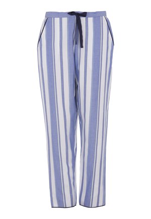 Blauwe en witte gestreepte broek met een trekkoord in de taille, zijzakken en een relaxed fit. De stof heeft een gladde textuur en een zachte val.