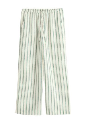 Brīvi plīstošas bikšu bikses ar vertikālām zaļām un bēšām svītrām, elastīgu jostu un auklu aizdari.