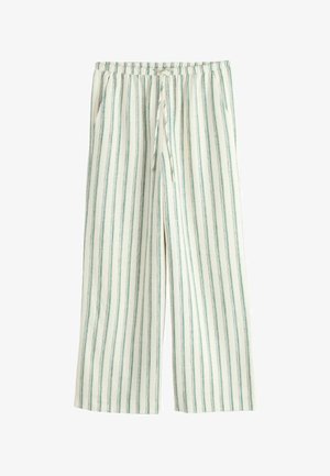 Brīvi plīstošas bikšu bikses ar vertikālām zaļām un bēšām svītrām, elastīgu jostu un auklu aizdari.