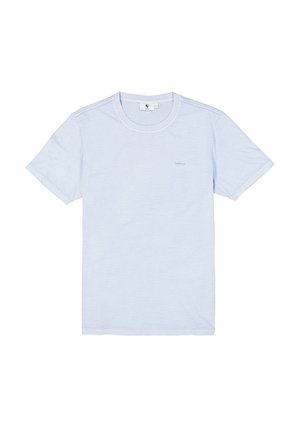 Lichtblauw katoenen T-shirt met een ronde hals, korte mouwen en een subtiele logoprint op de voorkant. Zachte textuur, casual ontwerp.