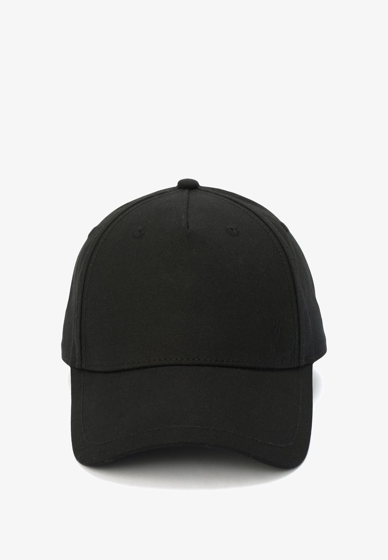 Black baseball cap made of fabric with a rounded crown and a stiff peak. Features subtle stitching details and a logo on the front left side.