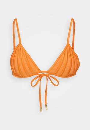 Orange triangle bikini top with textured fabric, thin adjustable straps, and a center tie closure, featuring gold-tipped string ends.