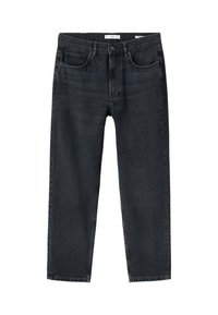 Jeans de denim de lavado oscuro con un diseño de pierna recta, estilo de cinco bolsillos y un desvanecimiento sutil. Presenta un cierre con botón metálico y cremallera.
