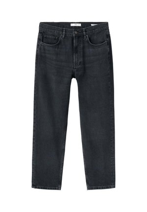 Jeans de denim de lavado oscuro con un diseño de pierna recta, estilo de cinco bolsillos y un desvanecimiento sutil. Presenta un cierre con botón metálico y cremallera.