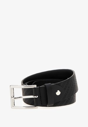 Ceinture en cuir noir avec motif en relief, boucle rectangulaire en métal argenté et texture lisse. Conçue pour un ajustement réglable.