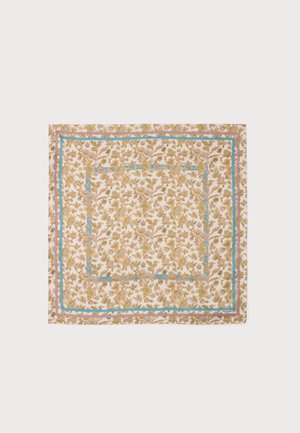 Kvadratisk tørklæde med blomsterprint i pastelfarver lyserød, gul og blå, med to indrammede kanter på en lys baggrund.