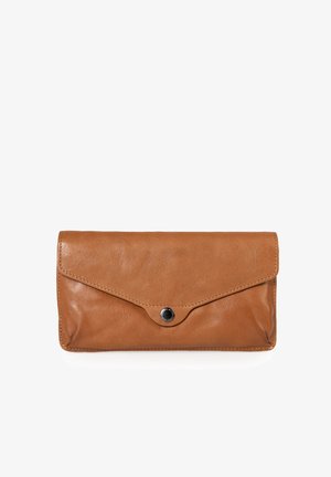 Brown leather wallet with a sleek envelope design, featuring a rounded flap, a silver button closure, and smooth texture.