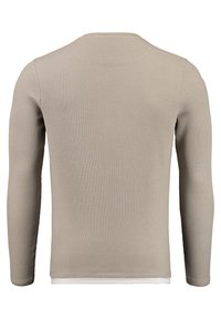 Langärmliges Shirt in hellem Taupe, gerippte Textur, Rundhalsausschnitt, taillierte Passform, mit einem flachen Saum und einer weißen Unterlage, die am unteren Rand sichtbar ist.