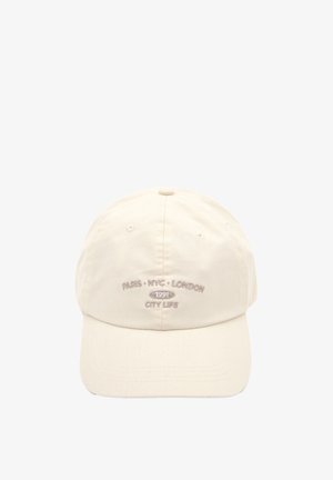 Beige Baseballcap mit gesticktem Text "PARIS • NYC • LONDON", "1991" in Oval und "CITY LIFE" auf der Frontblende.