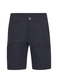 Navy shortseja, vyrobené z ľahkého materiálu, s dvoma zipsovými bočnými vreckami, zapínaním na gombík a priliehavým strihom. Majú hladkú textúru.