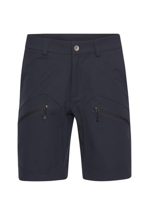 Marinblå shorts i lättviktig tyg med två zip-fickor på sidorna, knappstängning och en skräddarsydd passform. Har en jämn textur.