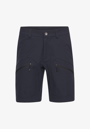 Marineblauwe shorts van lichtgewicht stof met twee ritszakken opzij, een knoopsluiting en een getailleerde pasvorm. Heeft een gladde textuur.