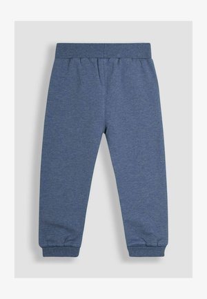 Kék pamut jogger nadrág rugalmas derékkal és harangzáró bokával. Simas textura melírozott mintával. Egyenes lábszár dizájn.