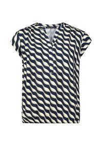 Bluzka z krótkim rękawem w granatowo-kremowy falisty wzór, z wycięciem w kształcie litery V i lekko luźnym krojem. Lekki materiał.