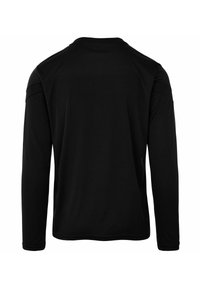 Zwarte longsleeve shirt met een gladde textuur, ronde halslijn en subtiele schoudernaden. Geen patronen of visuele accenten aanwezig.