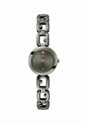 Ronde zwarte roestvrijstalen horloge met geschakelde armband, getextureerde donkere wijzerplaat, roségouden accenten en logo. Bevat twee wijzers en een minimalistisch ontwerp.