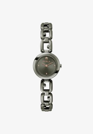 Orologio tondo in acciaio inossidabile nero con bracciale a maglie, quadrante scuro texturizzato, dettagli in oro rosa e logo. Presenta due lancette e un design minimalista.