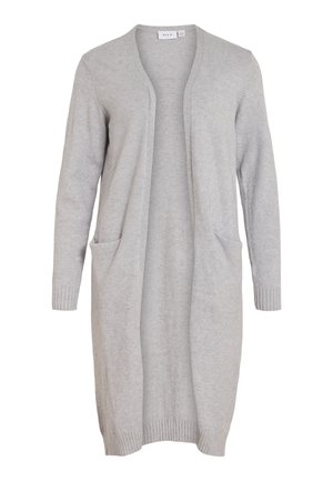 Grå åpen cardigan laget av mykt materiale, med lange ermer, ribbestrikkede mansjetter og to frontlommer. Rett design.