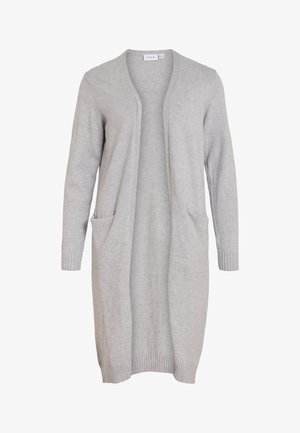 Grey open-front cardigan made of soft material, featuring long sleeves, ribbed cuffs, and two front pockets. Straight cut design.