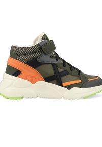 Hoge sneakers in olijfgroen met meshpanelen, oranje accenten en een witte zool met groene details. Klittenbandsluiting.