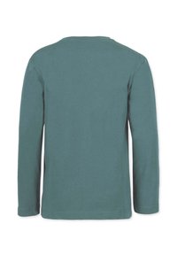 Langarmshirt in einem gedämpften Türkis, aus weichem Stoff gefertigt, mit einem klassischen Rundhalsausschnitt und geradem Saum, der kaum Detaillierungen aufweist.