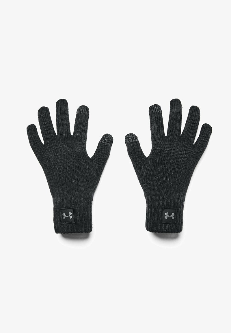 Schwarze Strickhandschuhe mit einem gerippten Bündchen und einem kleinen Logo-Patch. Der Stoff wirkt strukturiert und dehnbar, geeignet für Wärme und Komfort.