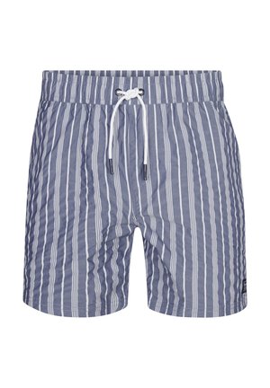 Gestreepte zwembroek in marineblauw en wit, met een elastische tailleband, trekkoordsluiting en een zachte, lichte stof.