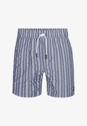 Bañador de rayas en azul marino y blanco, con cintura elástica, cierre de cordón y una tela suave y ligera.