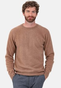Brown, soft-textured sweater with a round neckline and long sleeves, featuring a relaxed fit and ribbed cuffs and hem.