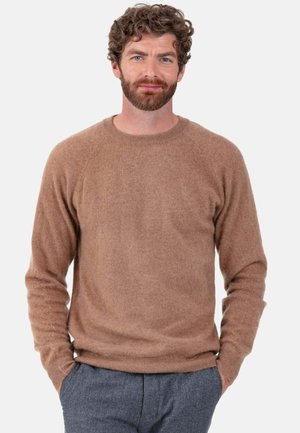 Brauner Pullover mit weicher Textur, Rundhalsausschnitt und langen Ärmeln, mit lockerem Schnitt sowie gerippten Bündchen und Saum.