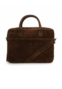 Brown suede laptop bag with dual handles, a detachable shoulder strap, and a zip closure. Note the smooth texture and minimalist design.