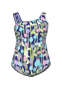 Costume intero da bagno con sfondo blu navy, caratterizzato da un motivo floreale colorato in rosa, verde e blu. Include un design con spallina asimmetrica.