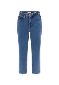 Jeans de mezclilla azul con corte recto. Cuenta con cinco bolsillos, pasadores para cinturón y cierre de botón. Lavado medio con un ligero desgaste.