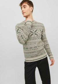 Strickpullover in Beige mit grünen geometrischen und floralen Mustern, Rundhalsausschnitt und gerippten Bündchen. Kombiniert mit schwarzen Hosen.